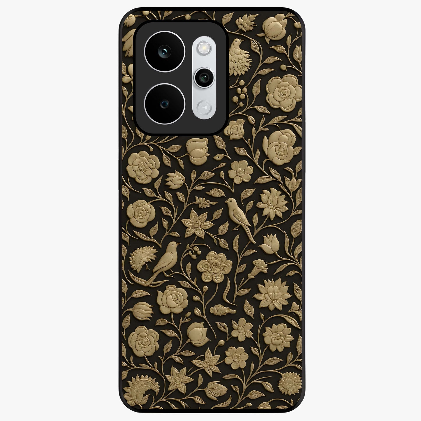 Golden Floral Majesty Glass Case showing flat back view with luxurious golden floral artwork and glossy glass finish.