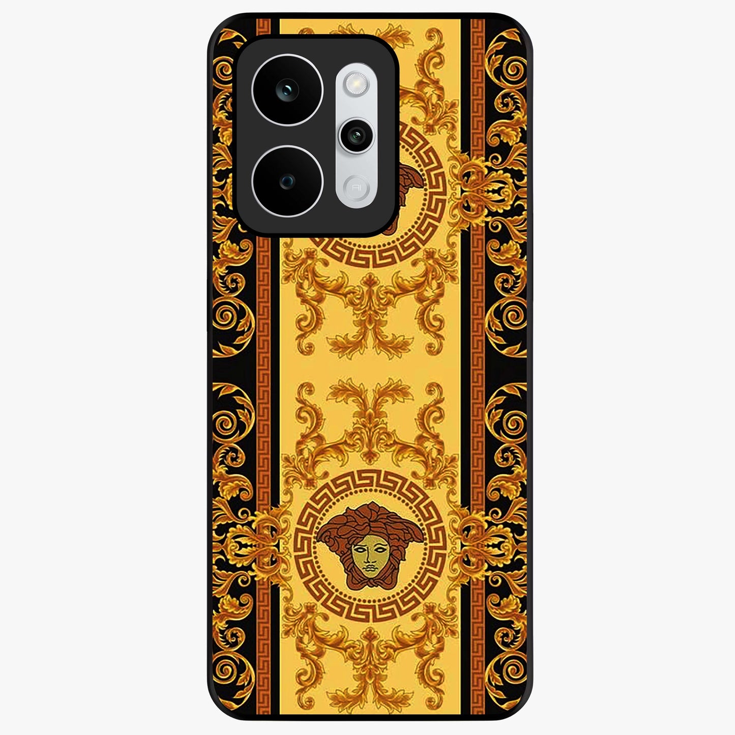 Golden Royal Heritage Glass Case showing flat back view with ornate royal pattern artwork and glossy glass finish.