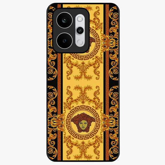 Golden Royal Heritage Glass Case showing flat back view with ornate royal pattern artwork and glossy glass finish.