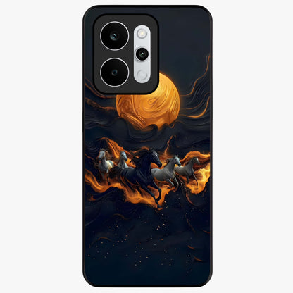 Golden Stallion Moonride Glass Case showing flat back view with majestic horse under moonlight artwork and glossy glass finish.