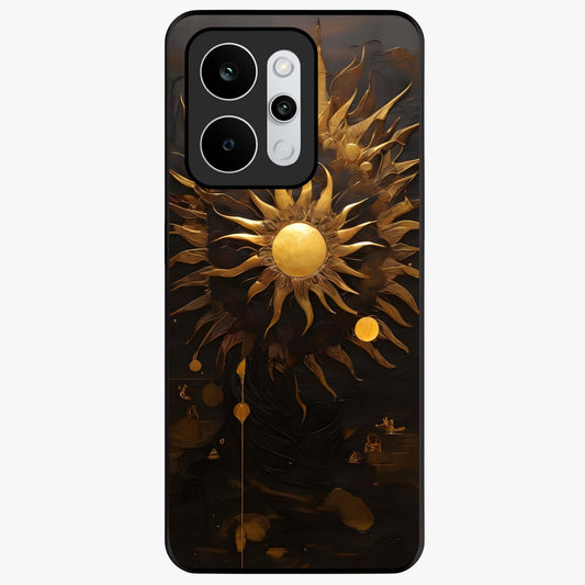 Golden Sun Majesty Glass Case showing flat back view with radiant golden sun artwork and glossy glass finish.