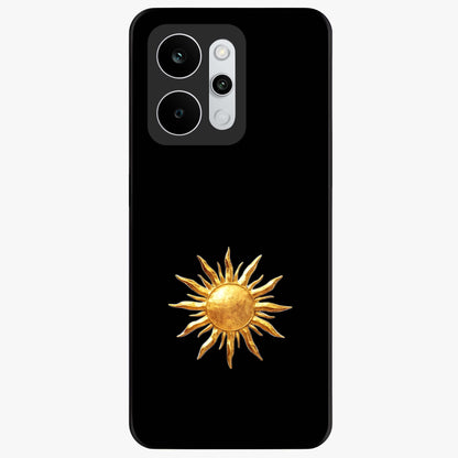 Golden Sun Minimalism Glass Case showing flat back view with minimal golden sun artwork and glossy glass finish.