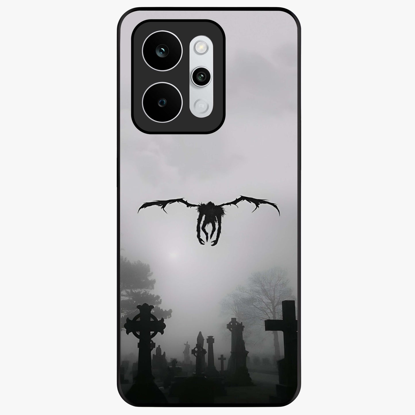 Graveyard Shadow Descent Glass Case showing flat back view with dark graveyard themed artwork and glossy glass finish.
