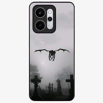 Graveyard Shadow Descent Glass Case showing flat back view with dark graveyard themed artwork and glossy glass finish.