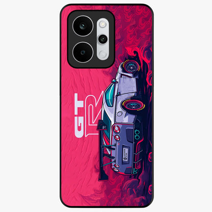 GT-R Car Pattern Glass Case showing flat back view with sporty car inspired pattern artwork and glossy glass finish.