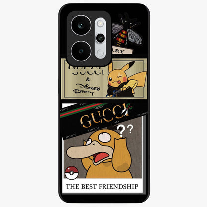 Gucci Play Mashup Glass Case showing flat back view with luxury inspired graphic artwork and glossy glass finish.