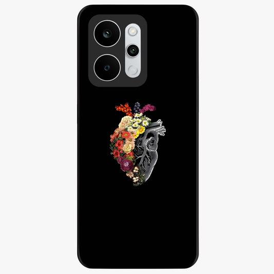 Heart With Flowers Glass Case showing flat back view with heart shaped floral artwork and glossy glass finish.