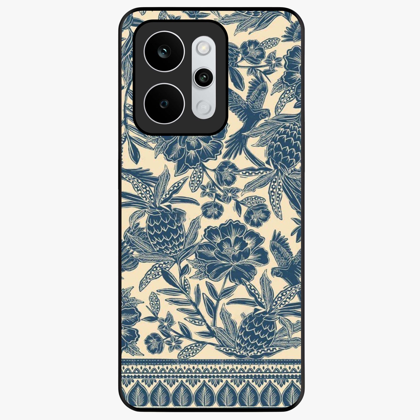 Heirloom Wild Bloom Glass Case showing flat back view with vintage inspired wild flower artwork and glossy glass finish.
