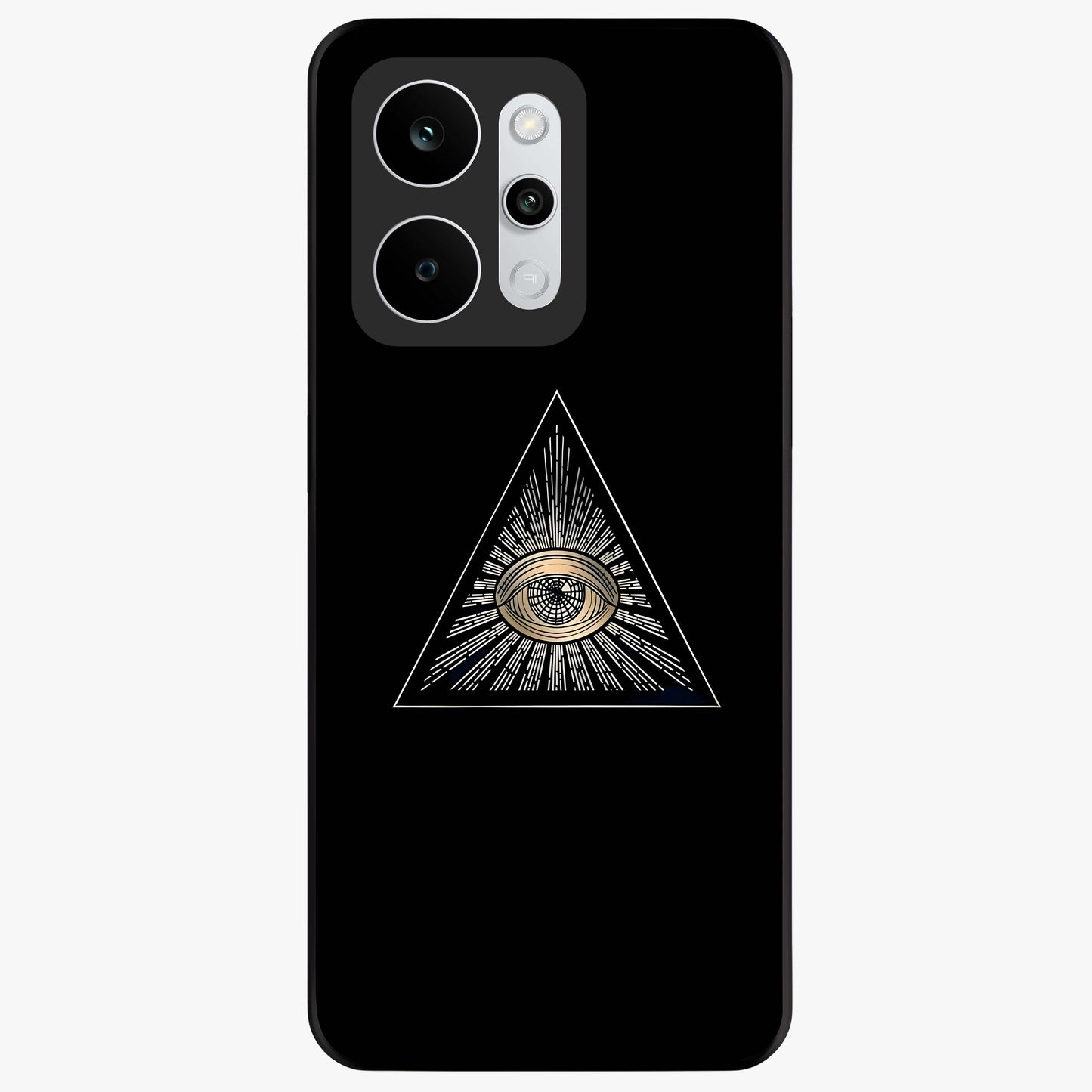 Illuminati Evil Glass Case showing flat back view with mysterious illuminati symbol artwork and glossy glass finish.