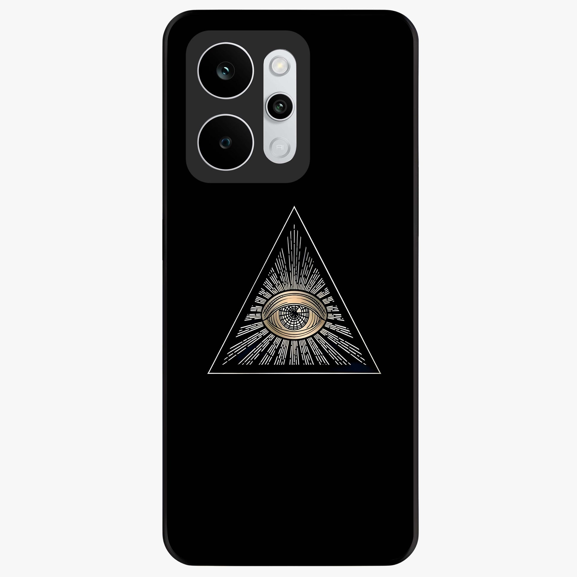 Illuminati Evil Glass Case showing flat back view with mysterious illuminati symbol artwork and glossy glass finish.
