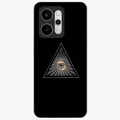 Illuminati Evil Glass Case showing flat back view with mysterious illuminati symbol artwork and glossy glass finish.