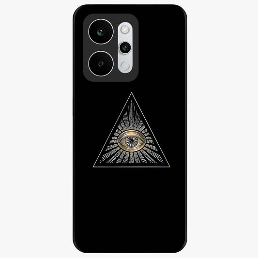 Illuminati Evil Glass Case showing flat back view with mysterious illuminati symbol artwork and glossy glass finish.