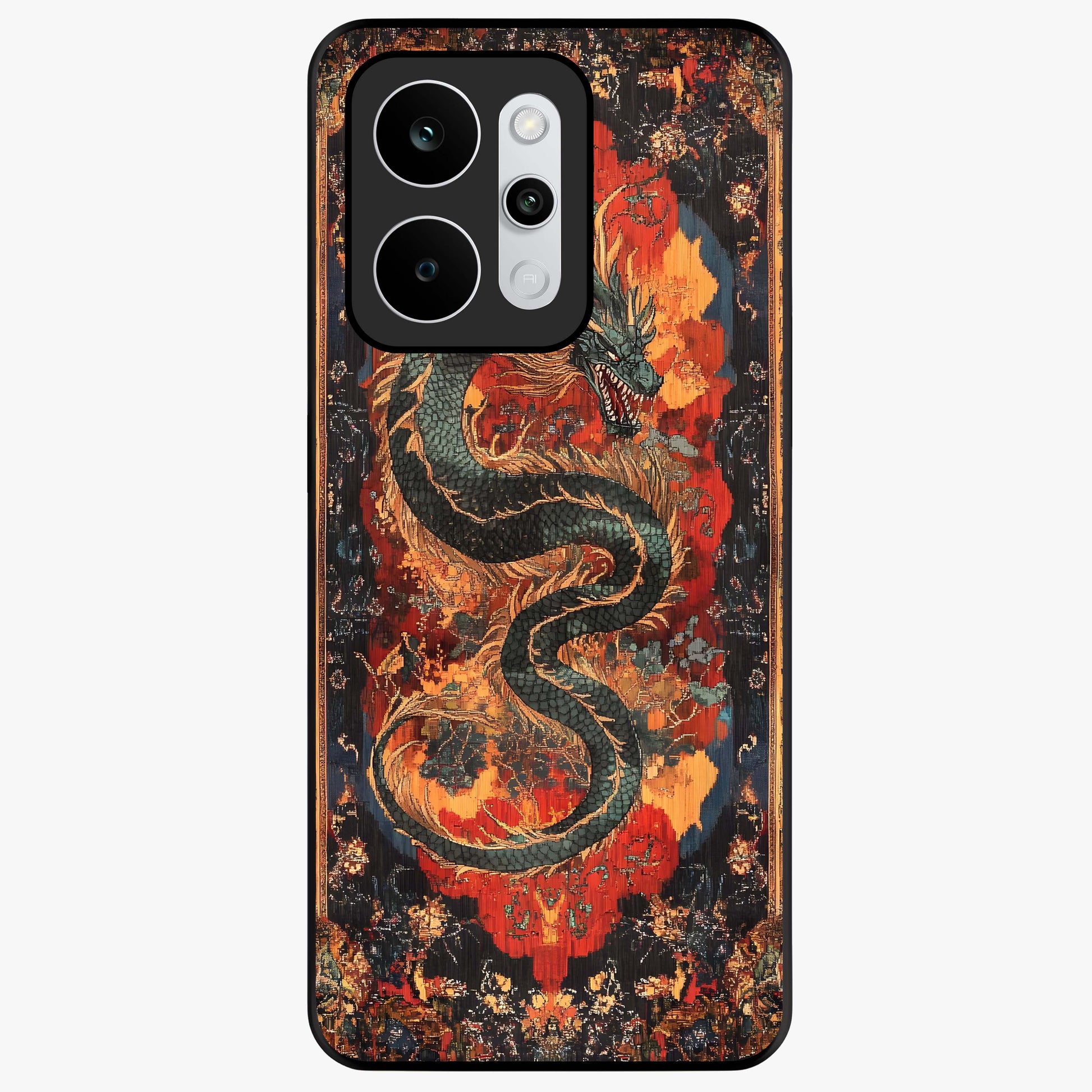 Inferno Dragon Soul Glass Case showing flat back view with fiery dragon artwork and glossy glass finish.