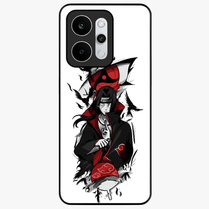 Itachi Sharingan Glass Case showing flat back view with powerful anime eye artwork and glossy glass finish.