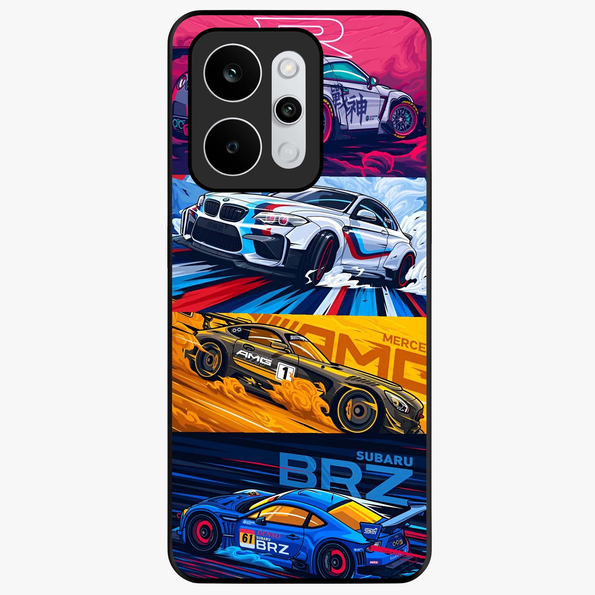 JDM Sports Car Glass Case showing flat back view with high performance sports car artwork and glossy glass finish.