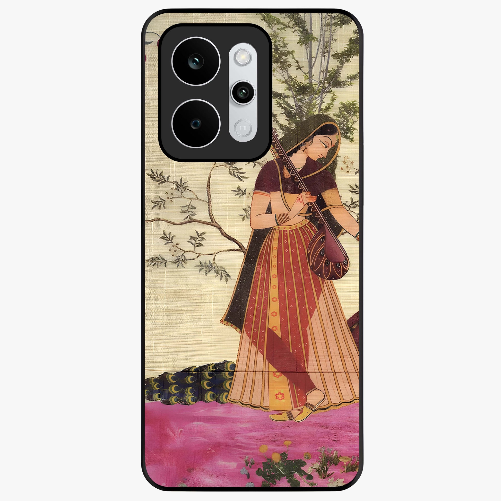 Lady With Veena Art Glass Case showing flat back view with elegant woman playing veena artwork and glossy glass finish.