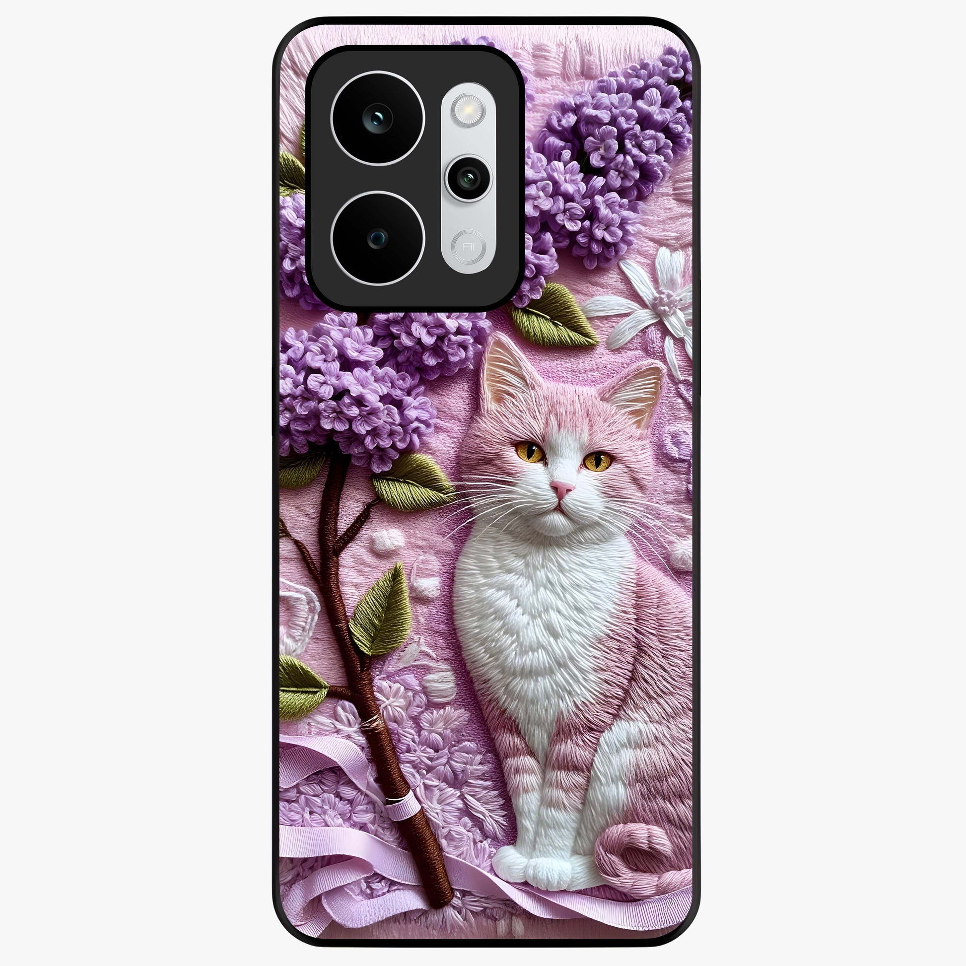 Lavender Cat Whimsy Glass Case showing flat back view with cute lavender cat artwork and glossy glass finish.