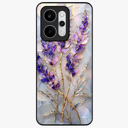 Lavender Dream Glow Glass Case showing flat back view with glowing lavender aesthetic artwork and glossy glass finish.