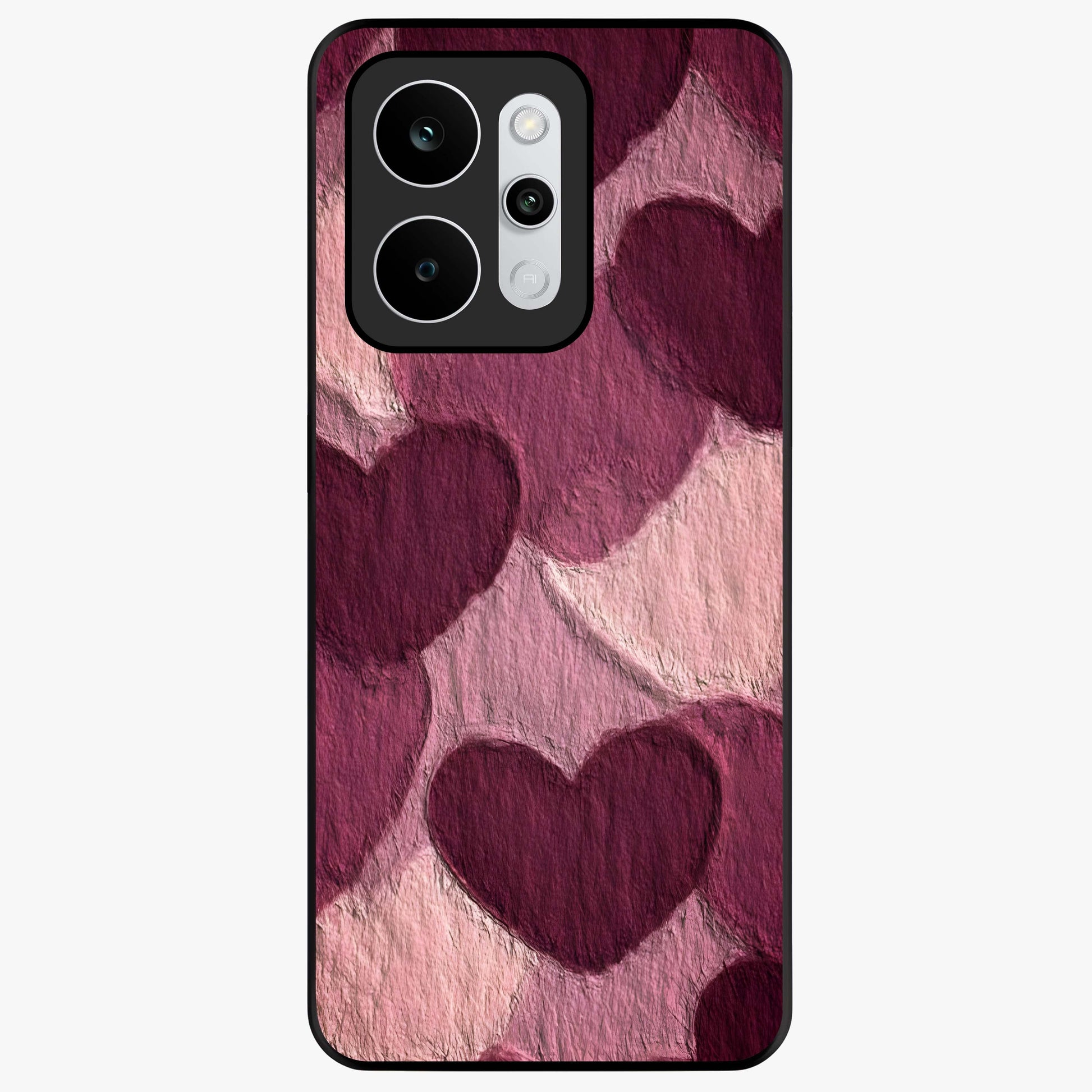 Layered Paper Hearts Glass Case showing flat back view with layered paper heart artwork and glossy glass finish.