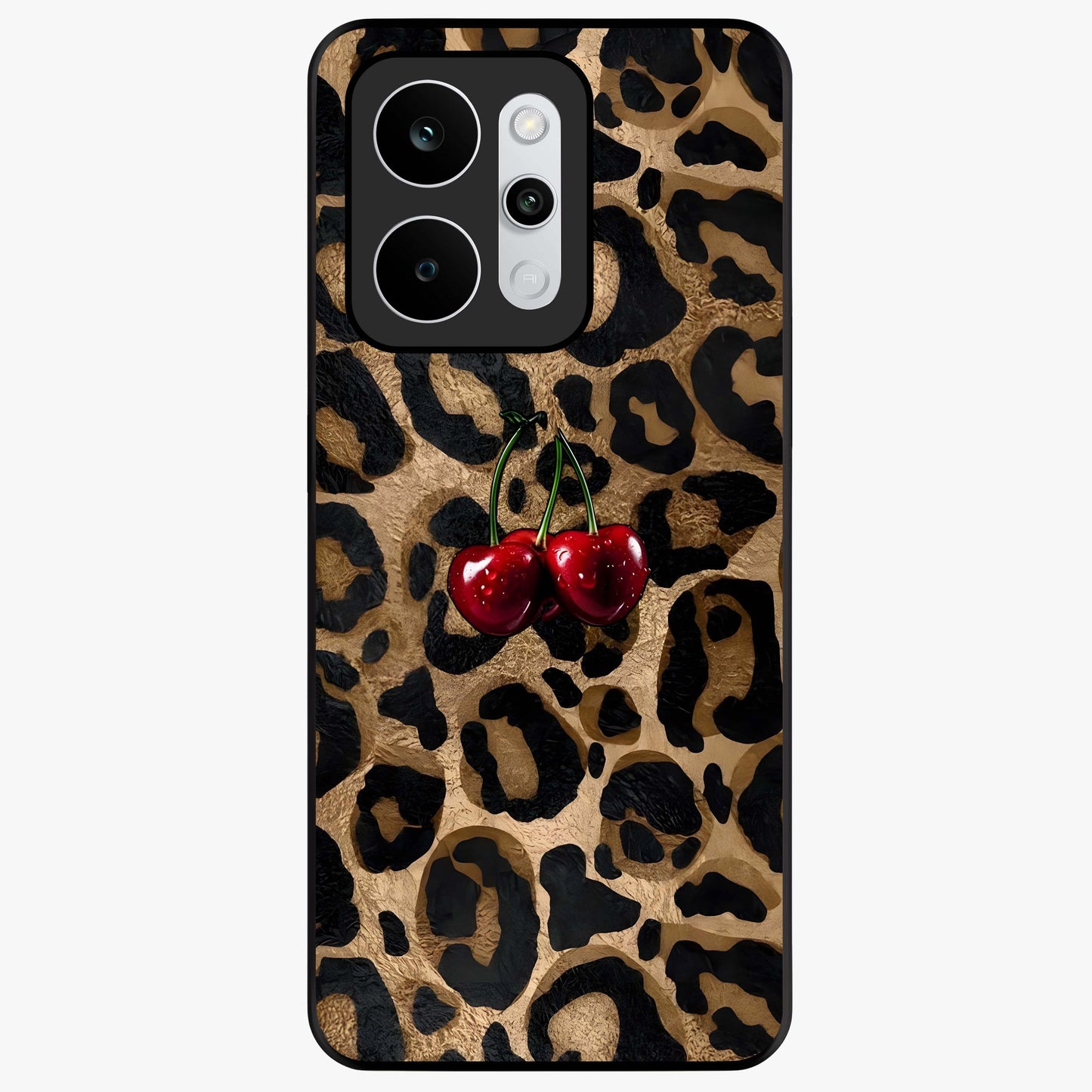 Leopard Wild Cherry Glass Case showing flat back view with leopard pattern and cherry artwork and glossy glass finish.
