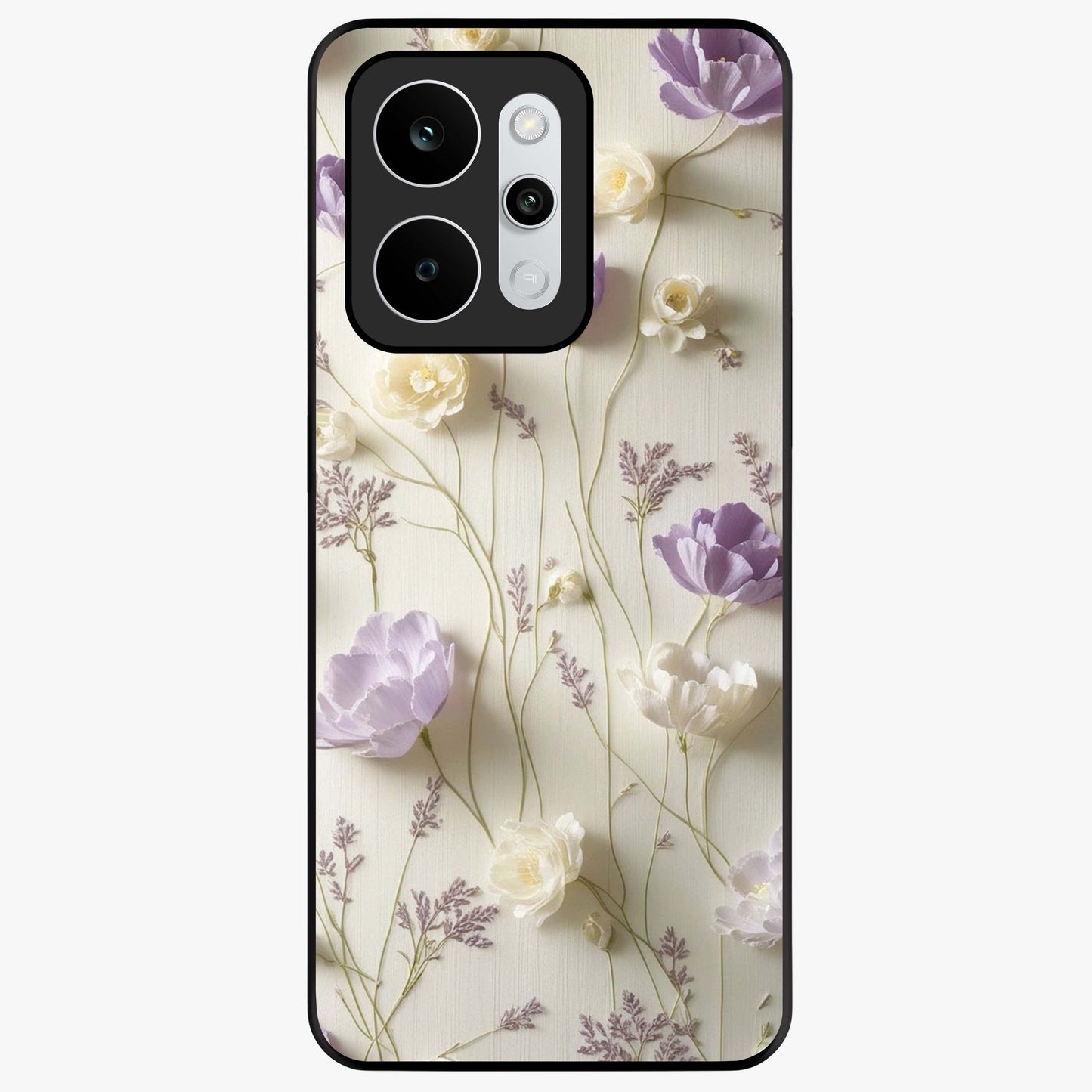 Lilac Breeze Harmony Glass Case showing flat back view with soft lilac themed artwork and glossy glass finish.