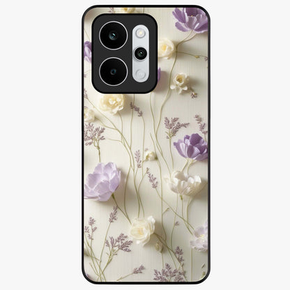 Lilac Breeze Harmony Glass Case showing flat back view with soft lilac themed artwork and glossy glass finish.