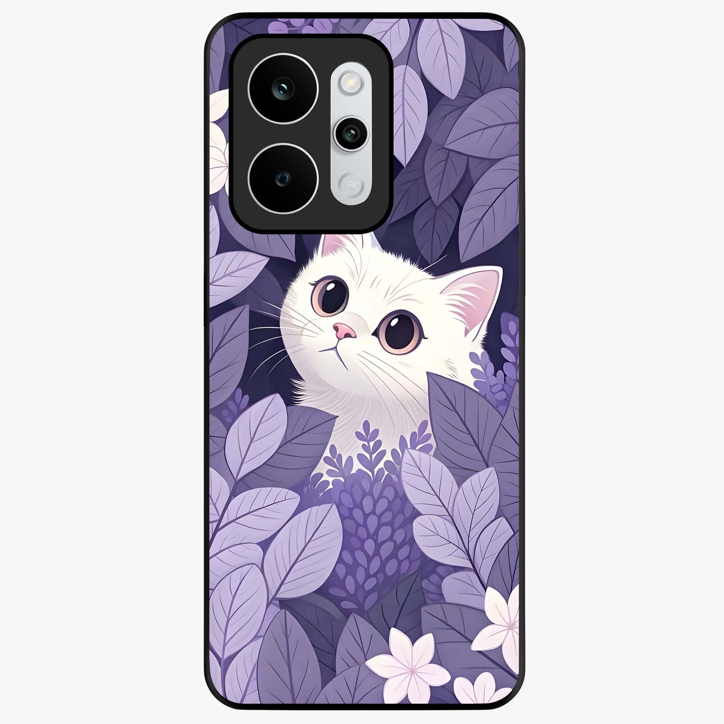 Lilac Hide Peek Cat Glass Case showing flat back view with cute peeking cat artwork and glossy glass finish.