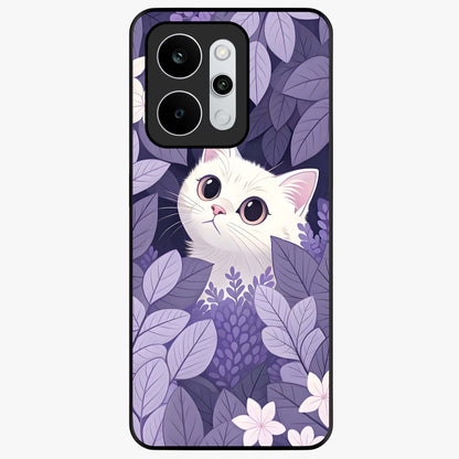Lilac Hide Peek Cat Glass Case showing flat back view with cute peeking cat artwork and glossy glass finish.