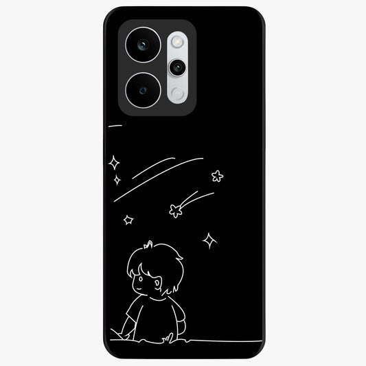 Line Art Boy With Shooting Stars Glass Case showing flat back view with minimal line art boy and shooting stars illustration and glossy glass finish.