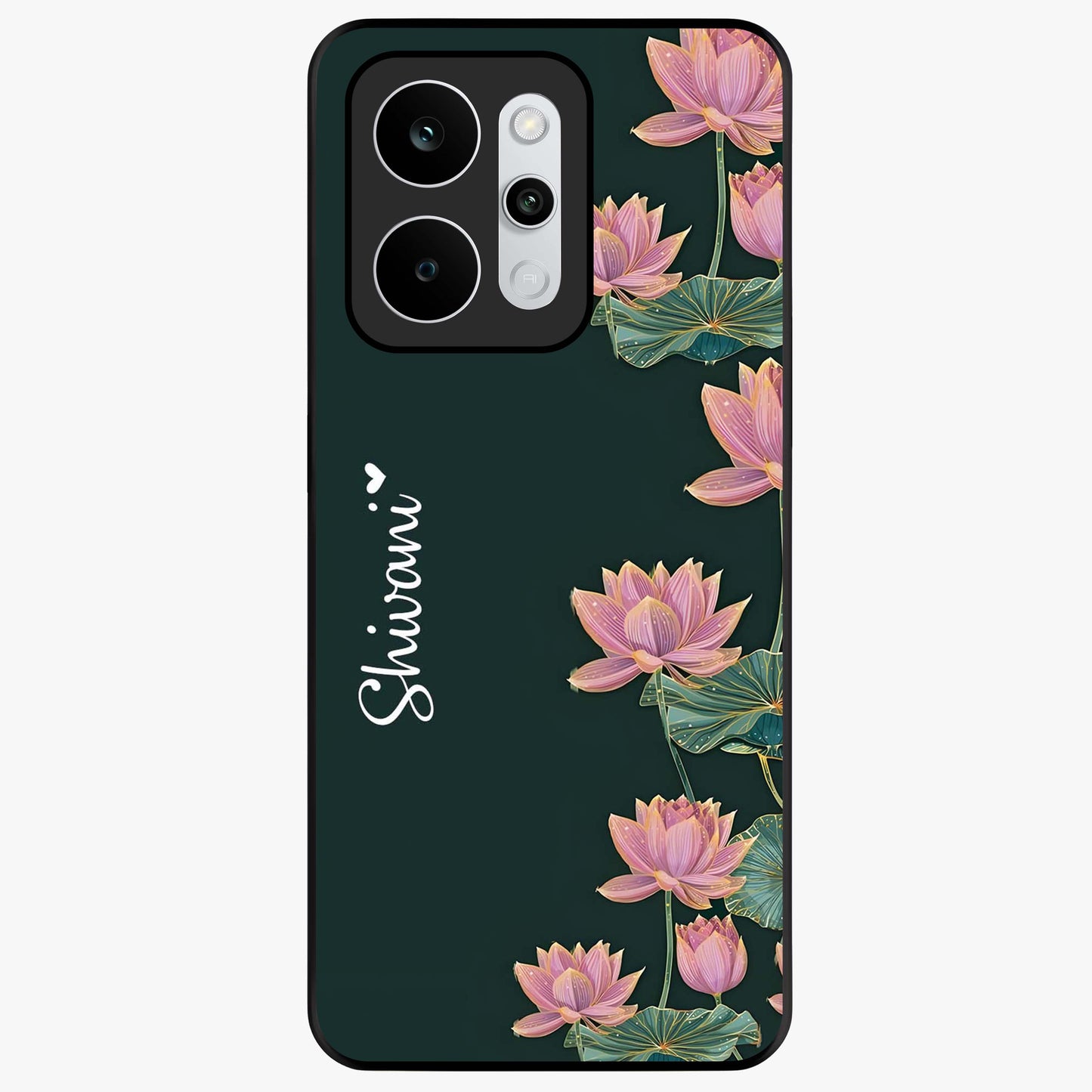 Lotus Bloom Serenity Custom Name Glass Case showing flat back view with elegant lotus flower artwork and personalized name design.