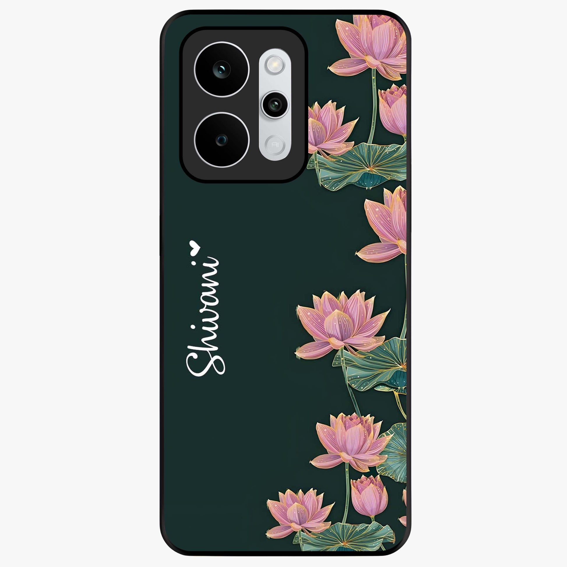 Lotus Bloom Serenity Custom Name Glass Case showing flat back view with elegant lotus flower artwork and personalized name design.