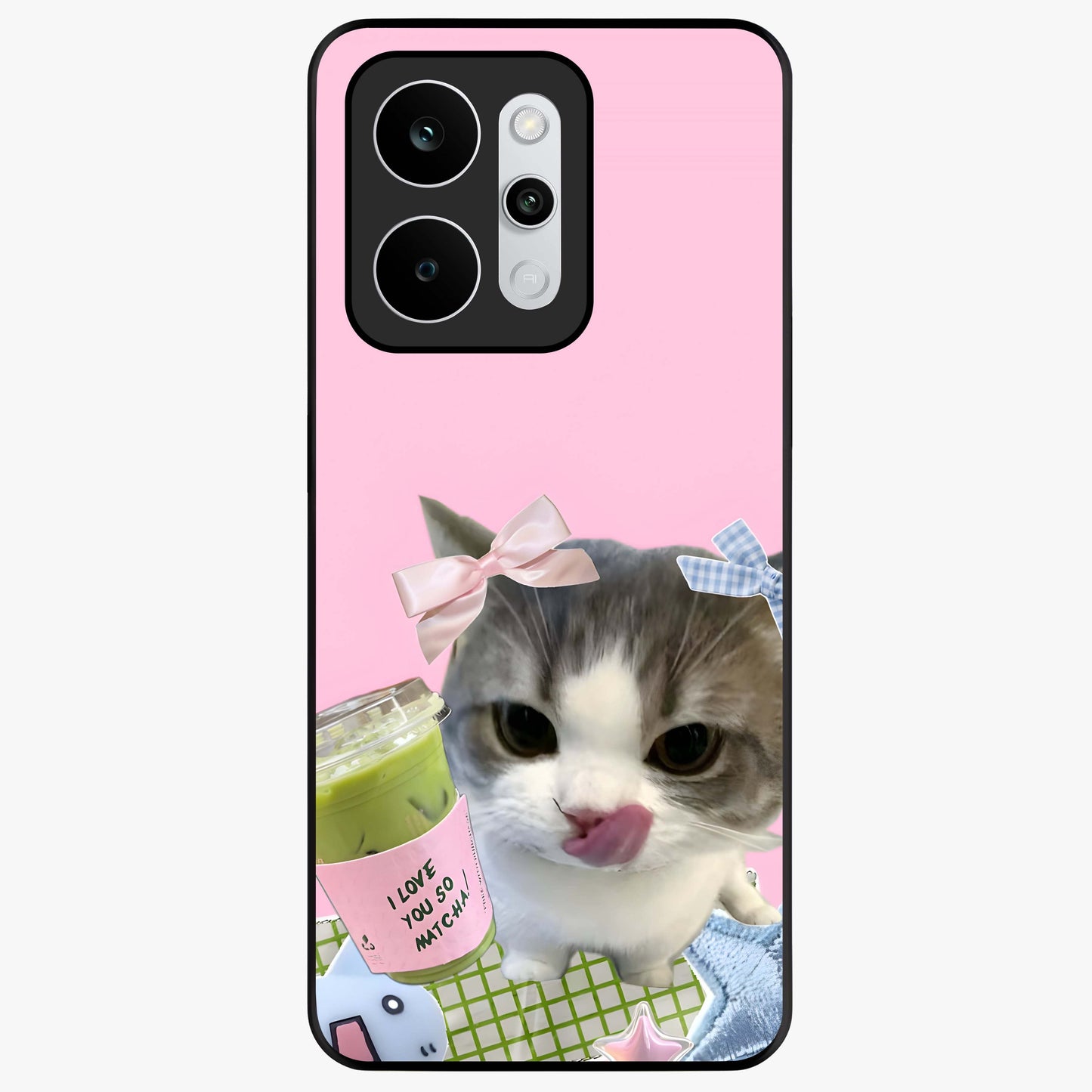Love Matcha Cat Glass Case showing flat back view with cute cat and matcha themed artwork and glossy glass finish.