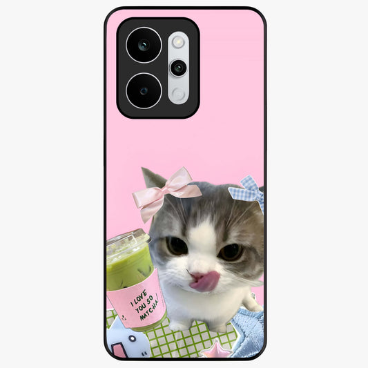 Love Matcha Cat Glass Case showing flat back view with cute cat and matcha themed artwork and glossy glass finish.