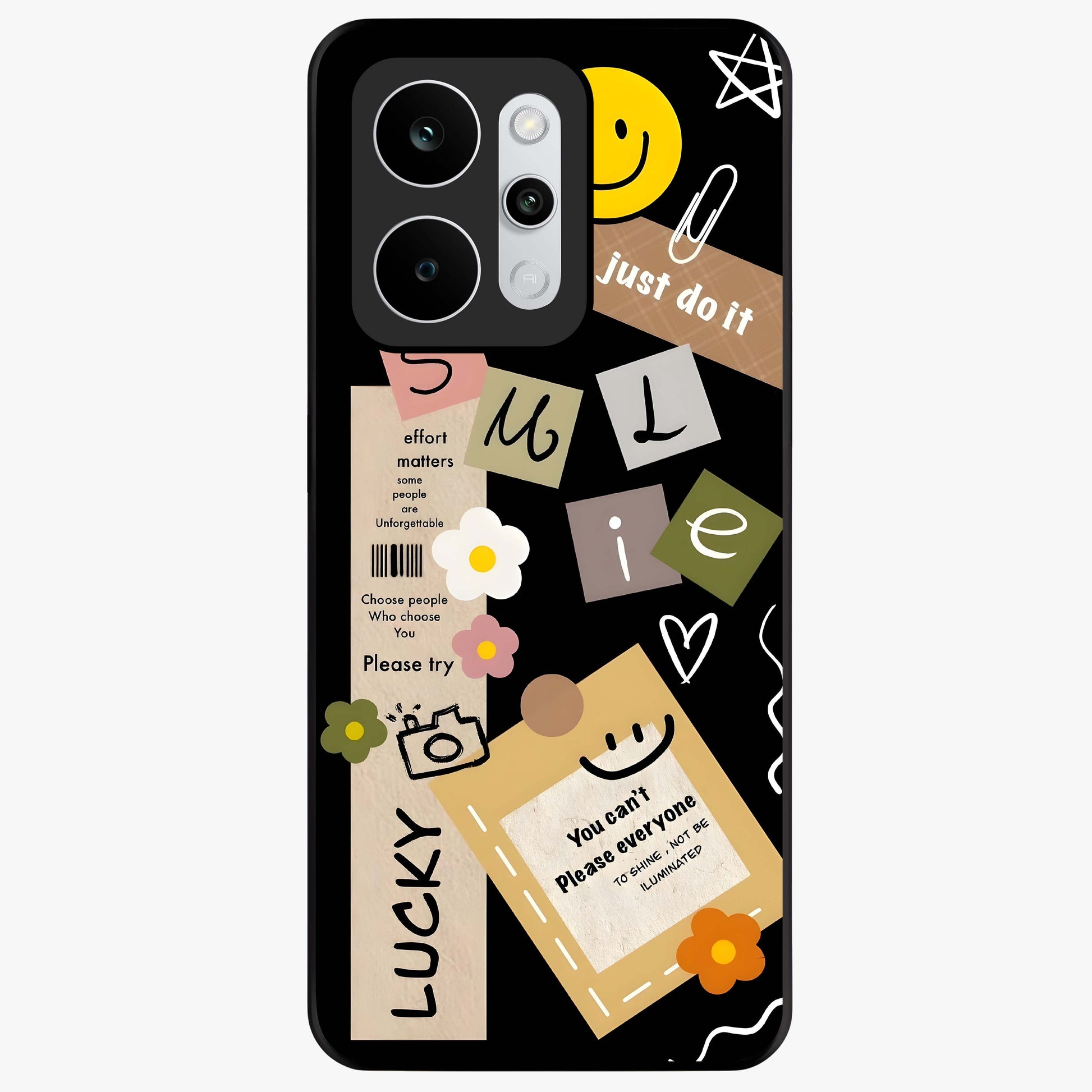 Lucky Aesthetic Collage Glass Case showing flat back view with trendy aesthetic collage artwork and glossy glass finish.