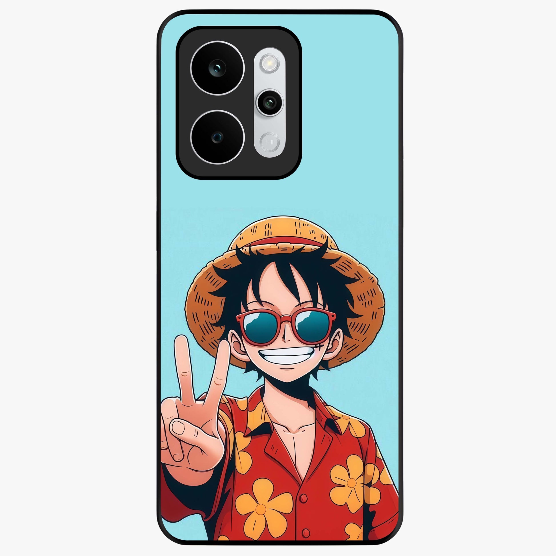 Luffy Summer Anime Vibe Glass Case showing flat back view with vibrant anime character artwork and glossy glass finish.