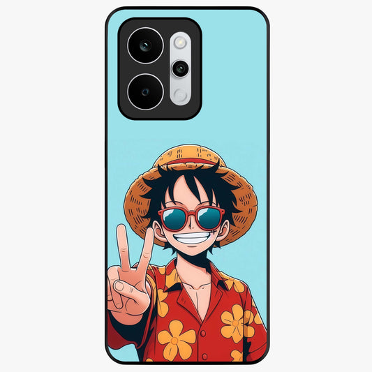 Luffy Summer Anime Vibe Glass Case showing flat back view with vibrant anime character artwork and glossy glass finish.