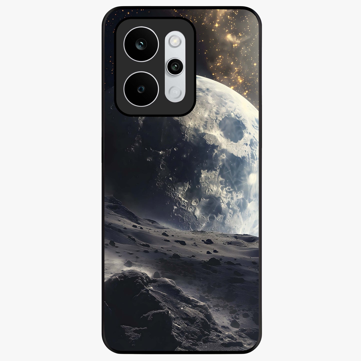 Lunar Horizon Glow Glass Case showing flat back view with glowing moon horizon artwork and glossy glass finish.