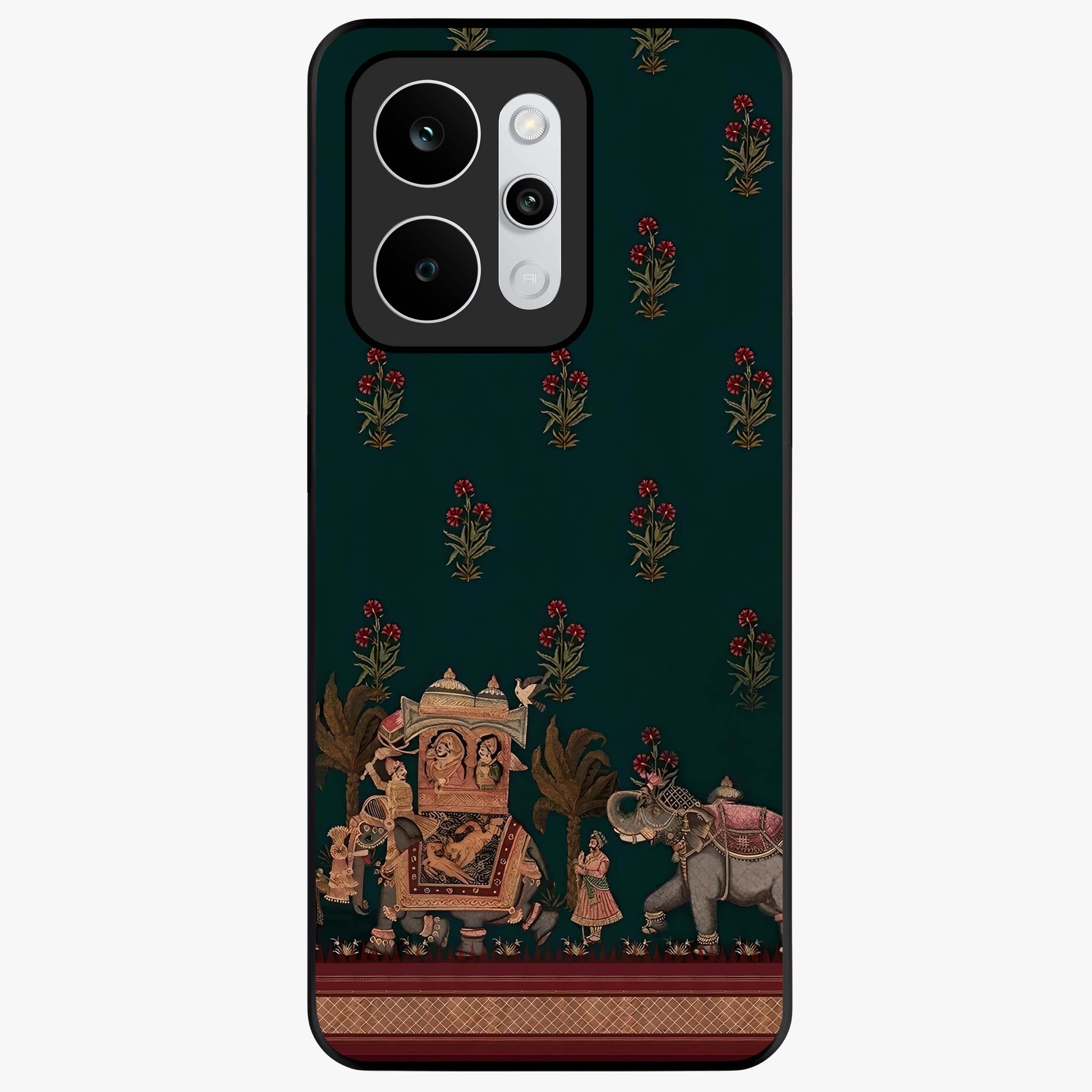 Macmerise Glass Case showing flat back view with stylish modern artwork and glossy glass finish.