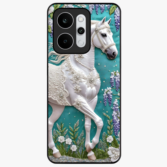 Majestic Floral Stallion Glass Case showing flat back view with powerful horse and floral artwork and glossy glass finish.