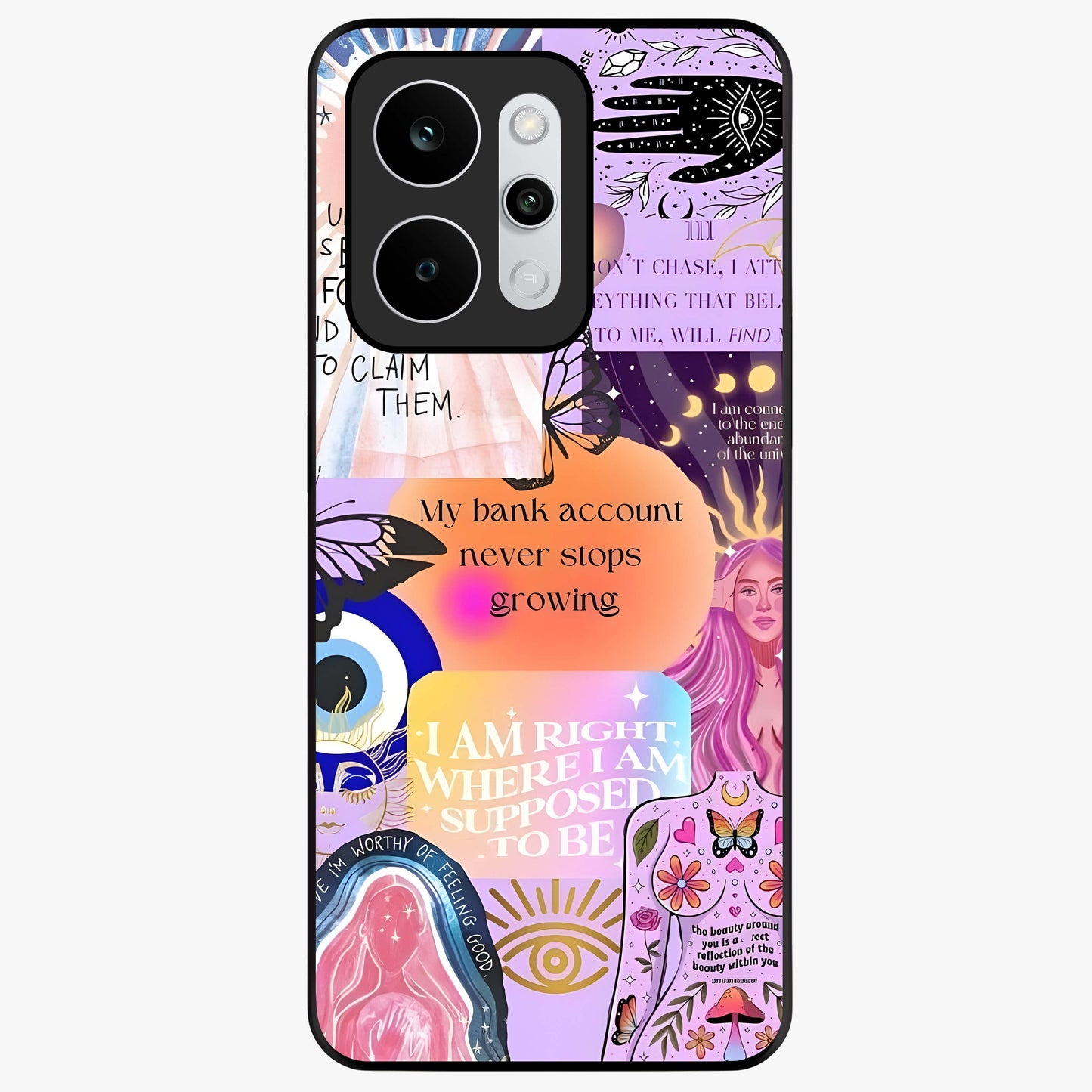 Manifestation Collage Glass Case showing flat back view with motivational collage artwork and glossy glass finish.