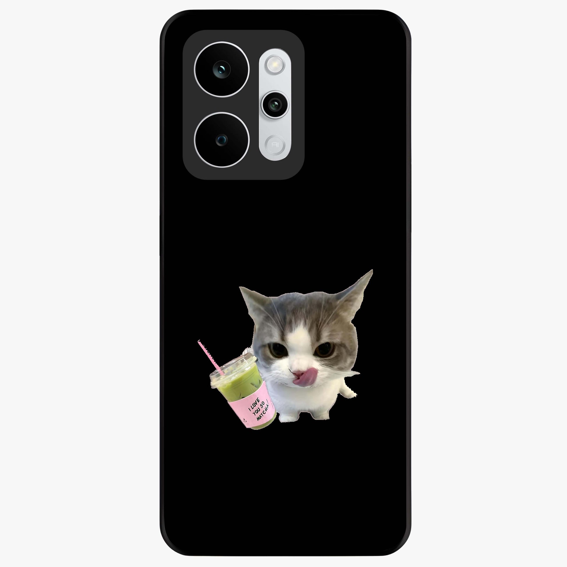 Matcha Cat Style Glass Case showing flat back view with cute matcha themed cat artwork and glossy glass finish.