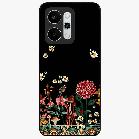 Midnight Bloom Pattern Glass Case showing flat back view with dark floral pattern artwork and glossy glass finish.