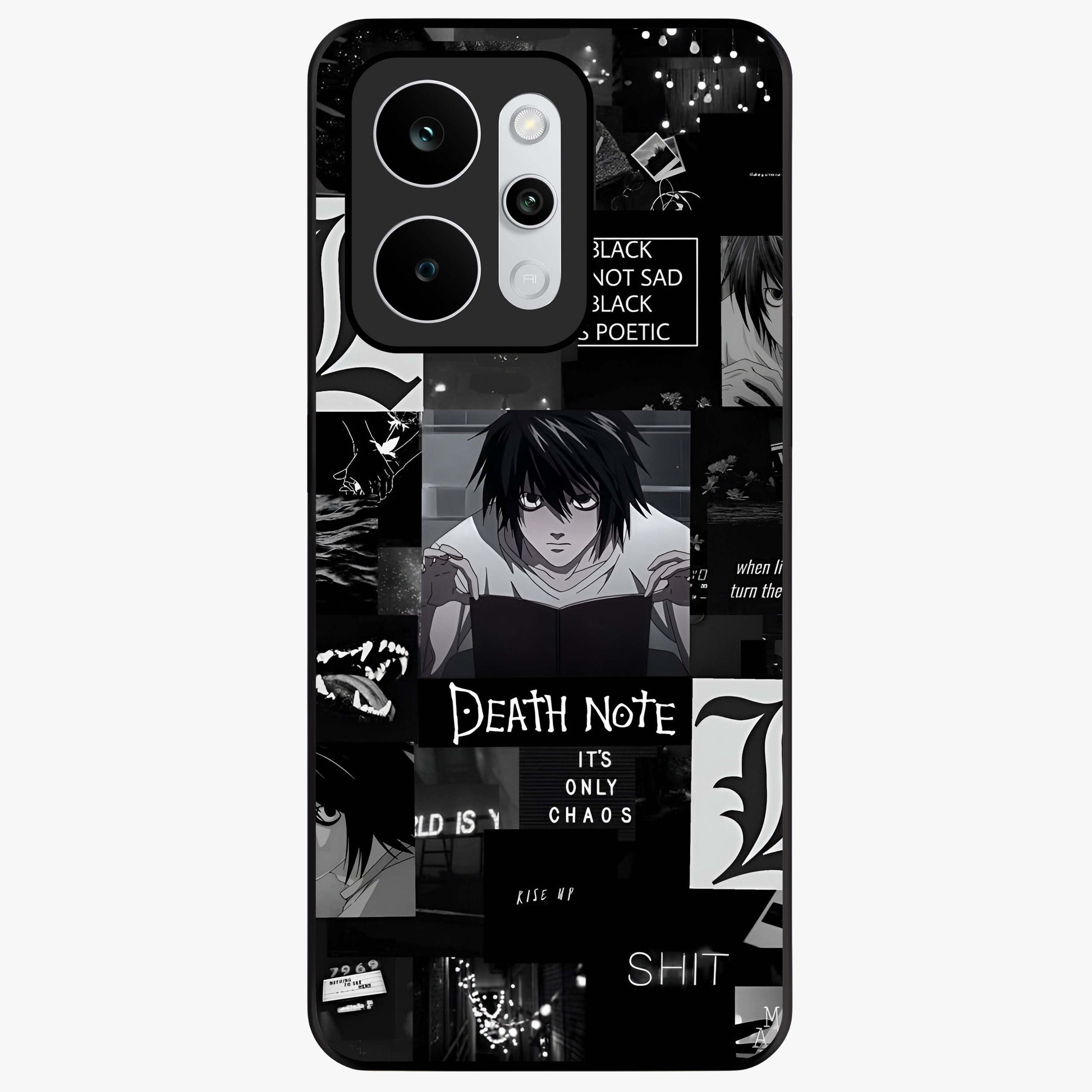 Midnight Chaos Mind Glass Case showing flat back view with abstract dark themed artwork and glossy glass finish.