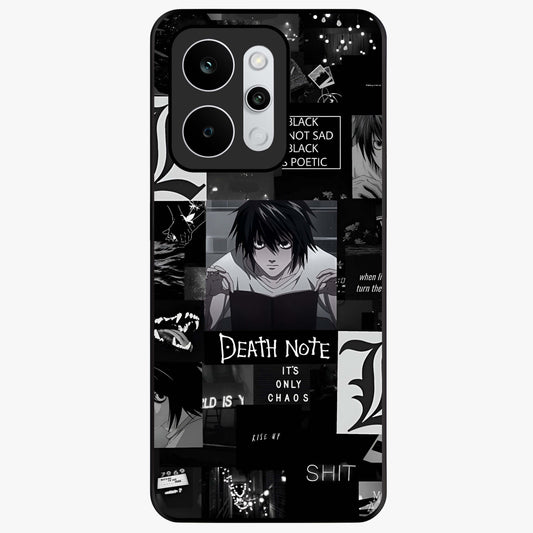 Midnight Chaos Mind Glass Case showing flat back view with abstract dark themed artwork and glossy glass finish.