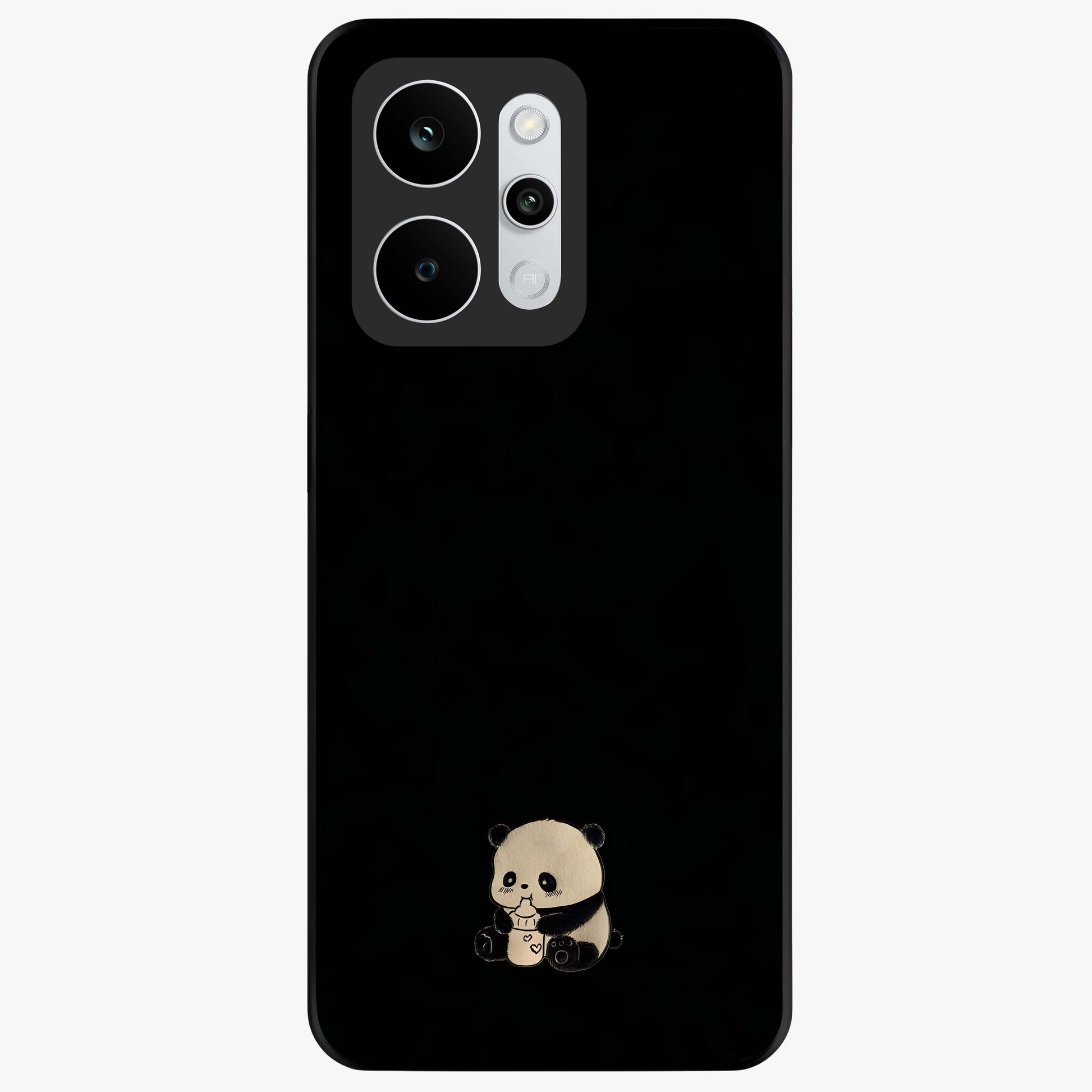 Midnight Panda Love Glass Case showing flat back view with cute panda themed artwork and glossy glass finish.