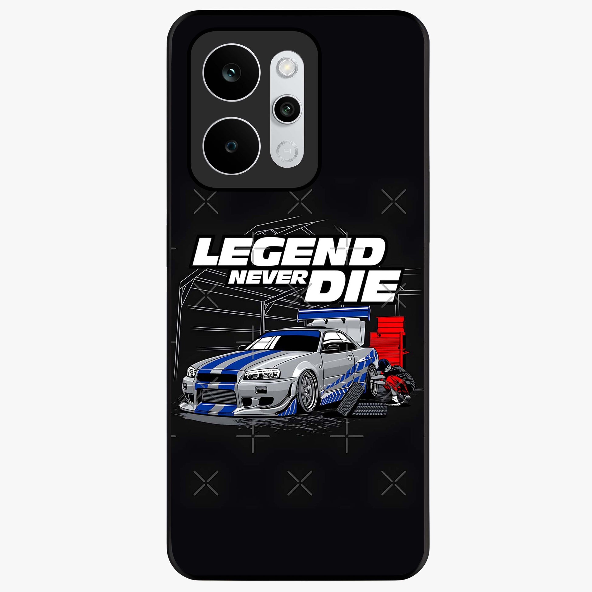 Midnight Racing Legacy Glass Case showing flat back view with sleek racing inspired artwork and glossy glass finish.