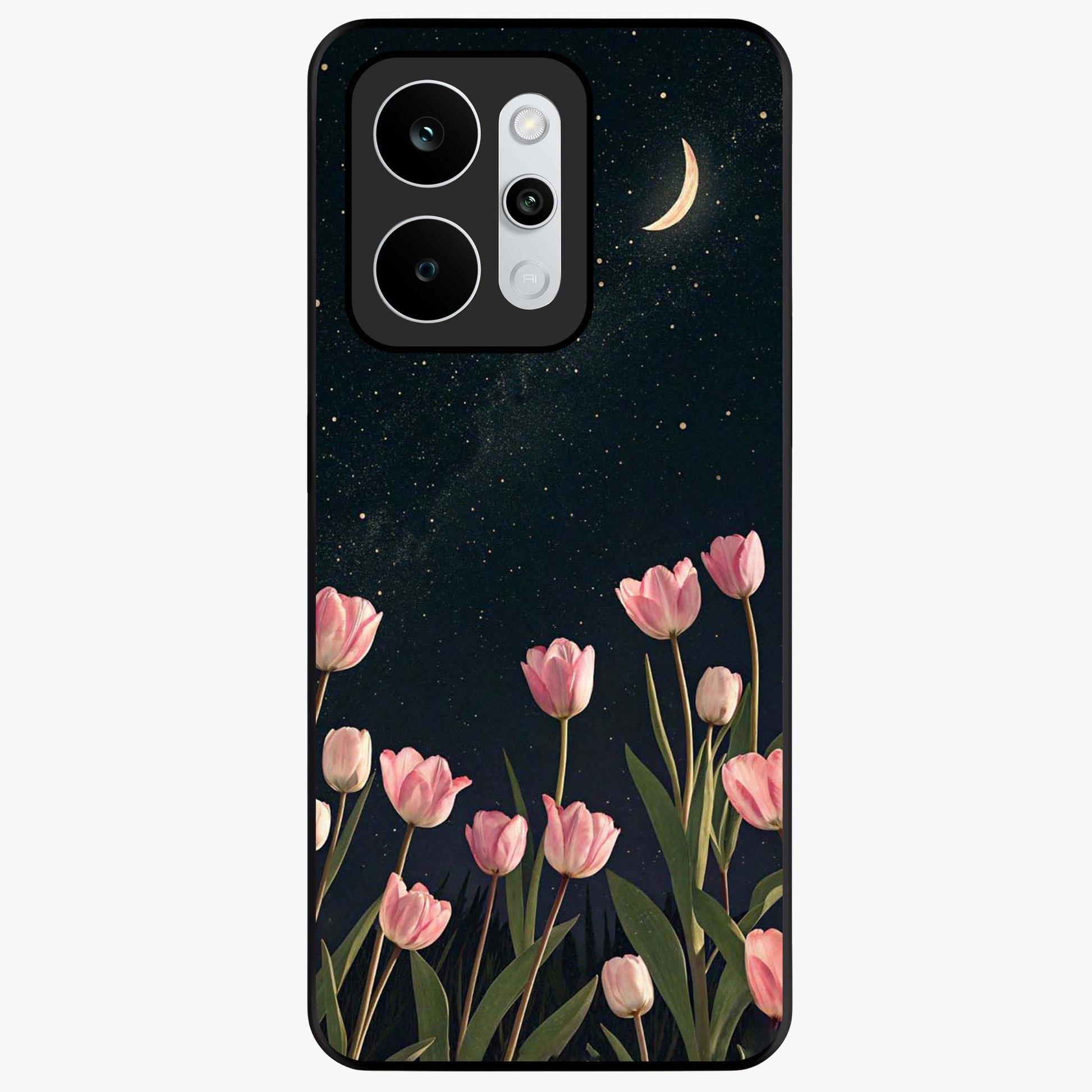Midnight Tulip Whispers Vibe Glass Case showing flat back view with elegant tulip flower artwork and glossy glass finish.