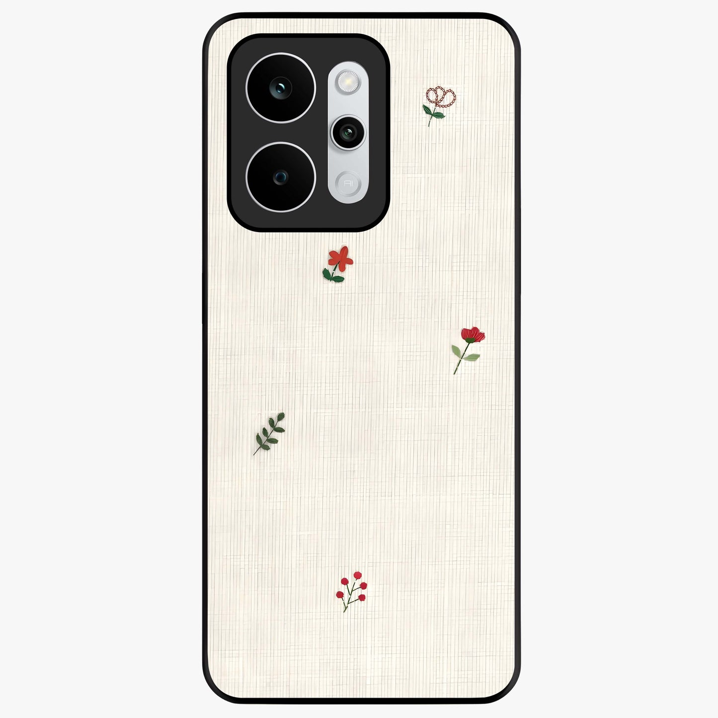 Minimal Petal Whispers Glass Case showing flat back view with soft minimal floral artwork and glossy glass finish.