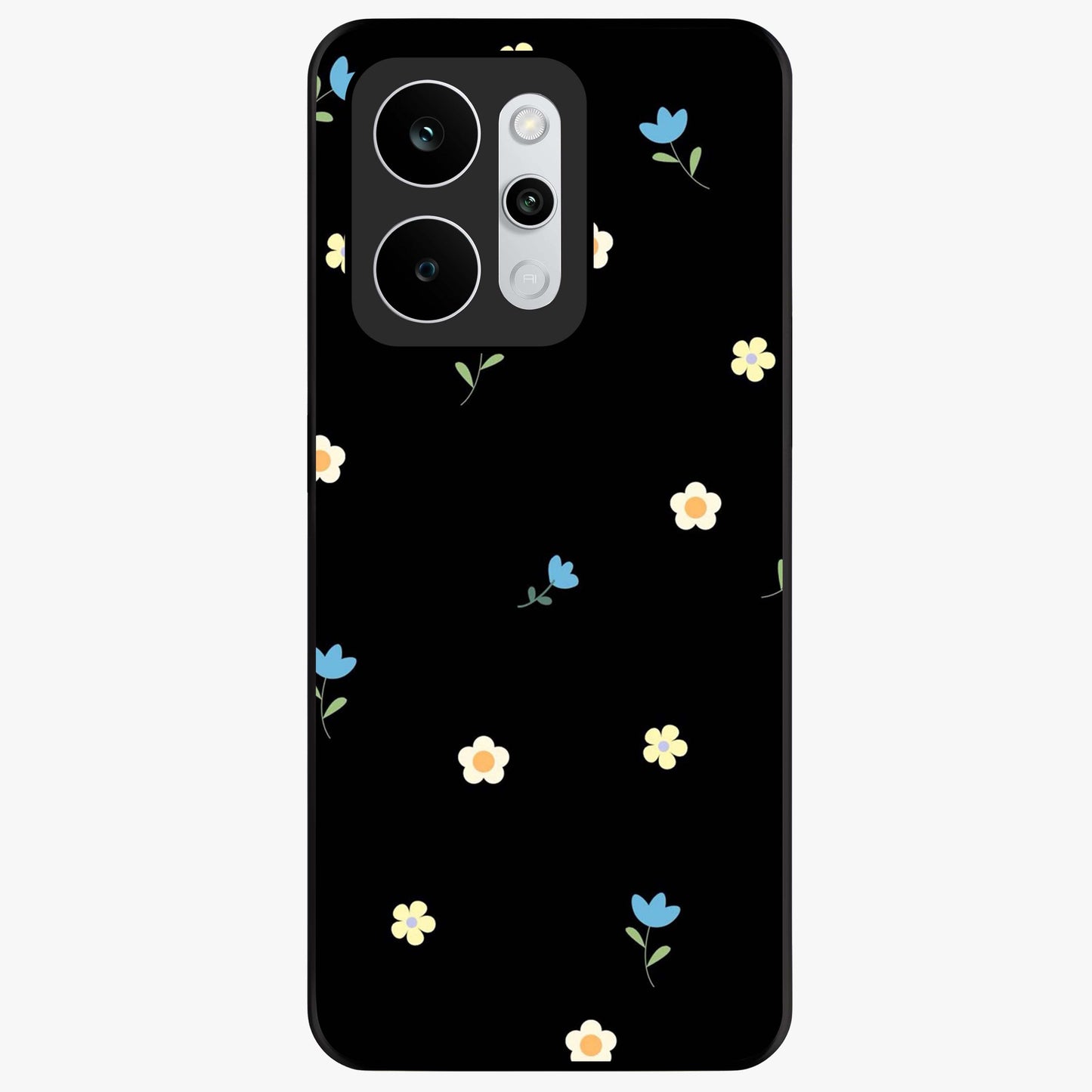 Minimalistic Blue With White Flower Pattern Glass Case showing flat back view with blue background and white flower pattern and glossy glass finish.