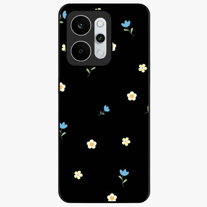 Minimalistic Blue With White Flower Pattern Glass Case showing flat back view with blue background and white flower pattern and glossy glass finish.